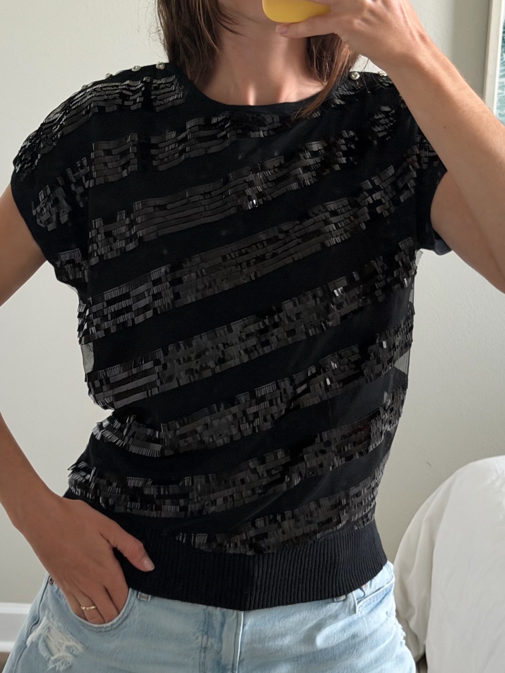 Rafaella Black Sequin & Pearl-Trim Short Sleeve Sweater Top
